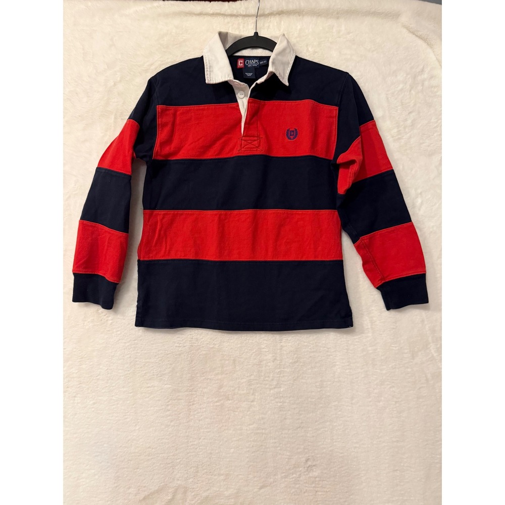 Chaps Boys M 12-14 Rugby Shirt Long Sleeve Striped Cotton Navy Red Crest Logo